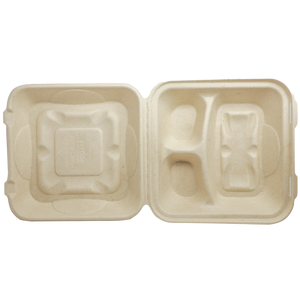 9"x9"x3" Compostable Unbleached Plant Fiber Clamshell, 3-Compartment - 300 Count
