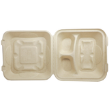 9"x9"x3" Compostable Unbleached Plant Fiber Clamshell, 3-Compartment - 300 Count