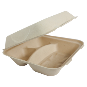 9"x9"x3" Compostable Unbleached Plant Fiber Clamshell, 3-Compartment - 300 Count