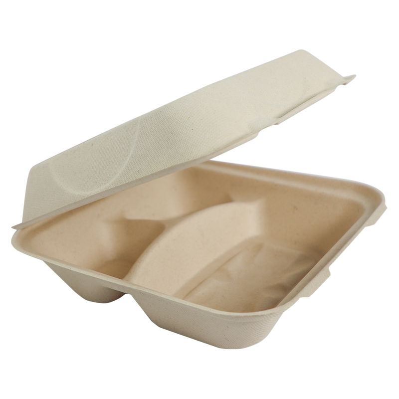 9"x9"x3" Compostable Unbleached Plant Fiber Clamshell, 3-Compartment - 300 Count