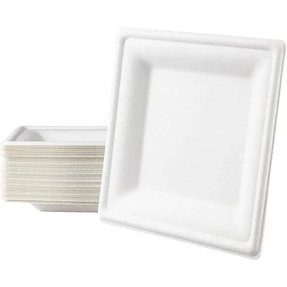 8" Compostable Pearl White Bagasse Square Plates - 100 Count
